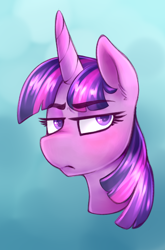 Size: 1332x2016 | Tagged: safe, artist:anon_1515, imported from derpibooru, twilight sparkle, pony, unicorn, bust, eyebrows, female, frown, head, lidded eyes, simple background, solo, unamused, unicorn twilight