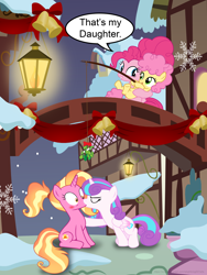 Size: 3000x4000 | Tagged: safe, artist:ejlightning007arts, imported from derpibooru, li'l cheese, luster dawn, pinkie pie, princess flurry heart, alicorn, earth pony, pony, unicorn, the last problem, bell, christmas, cute, eyes closed, female, flurrydawn, hearth's warming eve, holiday, kissing, lamp, lesbian, mare, mistletoe, mother and child, mother and daughter, older, older flurry heart, parent:pinkie pie, ponyville, shipping, suprised look, surprised, unexpected