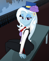 Size: 1250x1556 | Tagged: safe, artist:charliexe, artist:grapefruitface1, imported from derpibooru, trixie, equestria girls, base used, bench, city, clothes, gameloft, gameloft interpretation, hat, looking at you, necktie, outdoors, show accurate, sidewalk