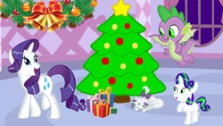 Size: 1280x720 | Tagged: safe, artist:mlplary6, artist:sparity, imported from derpibooru, opalescence, rarity, spike, oc, oc:pearl, dracony, dragon, hybrid, pony, christmas, christmas tree, family, female, filly, holiday, interspecies offspring, male, offspring, parent:rarity, parent:spike, parents:sparity, present, shipping, sparity, straight, tree, winged spike, wings