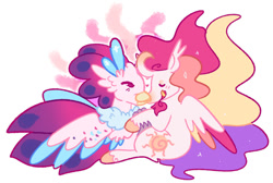 Size: 1024x690 | Tagged: safe, artist:babypaste, artist:goatpaste, imported from derpibooru, princess celestia, queen novo, alicorn, classical hippogriff, hippogriff, pony, my little pony: the movie, curved horn, female, horn, lesbian, mare, novolestia, redesign, shipping, simple background, white background