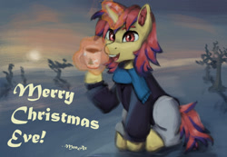 Size: 1280x888 | Tagged: safe, artist:monx94, imported from derpibooru, oc, oc only, oc:sunrise moonshadow, pony, unicorn, christmas, clothes, commission, cup, ear fluff, full body, glowing horn, holiday, horn, looking at you, magic, male, mane, open mouth, outdoors, scarf, sitting, smiling, snow, solo, stallion, sun, sunset, winter