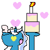 Size: 100x100 | Tagged: safe, artist:the-owo, imported from derpibooru, oc, oc:fleurbelle, animated, bow, cake, candle, food, gif, hair bow, heart, heart eyes, simple background, transparent background, wingding eyes