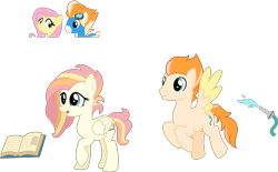 Size: 2719x1684 | Tagged: safe, artist:littlejurnalina, imported from derpibooru, fire streak, fluttershy, oc, oc only, oc:idolwise, oc:wildfire, pegasus, pony, female, flutterstreak, male, mare, parent:fire streak, parent:fluttershy, parents:flutterstreak, shipping, simple background, stallion, straight, transparent background, two toned wings, wings