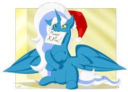 Size: 2390x1725 | Tagged: safe, artist:thebenalpha, imported from derpibooru, oc, oc:fleurbelle, alicorn, alicorn oc, christmas, female, hat, holiday, horn, mare, mouth hold, santa hat, wings, yellow eyes