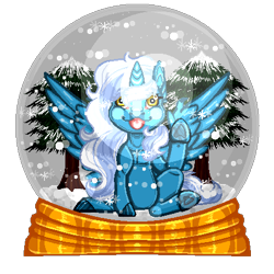 Size: 450x450 | Tagged: safe, artist:dranconiusadrill, imported from derpibooru, oc, oc:fleurbelle, alicorn, alicorn oc, female, horn, mare, snow, snow globe, snowfall, tree, wings, yellow eyes