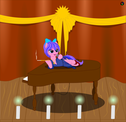 Size: 6000x5829 | Tagged: safe, alternate version, imported from derpibooru, oc, oc only, oc:sweet iris, earth pony, pony, absurd resolution, bow, cigarette, cigarette holder, clothes, dress, female, hair bow, mare, microphone, musical instrument, piano, smoking, solo