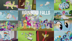 Size: 1980x1115 | Tagged: safe, edit, edited screencap, editor:quoterific, imported from derpibooru, screencap, applejack, brolly, bulk biceps, cloud kicker, cool star, derpy hooves, dizzy twister, fleetfoot, fluttershy, hermes (character), hermes (g4), merry may, orange swirl, pinkie pie, rainbow dash, rainbow swoop, rarity, soarin', spectrum, spitfire, spring melody, sprinkle medley, starburst (character), sunshower raindrops, thorn (character), twilight sparkle, warm front, whitewash, alicorn, rainbow falls, cheerleader, cheerleader outfit, cheerleader pinkie, cheerleader sparkle, clothes, collage, mane six, the grey one's glorious return, thorn (g4), twilight sparkle (alicorn), warmup suit, wheelchair, wonderbolt badge