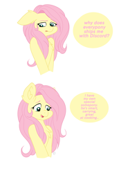 Size: 2585x3702 | Tagged: safe, artist:dreamy990, artist:nightydream, imported from derpibooru, fluttershy, pegasus, pony, chest fluff, dialogue, female, shipping, simple background, solo, white background