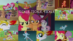 Size: 1970x1109 | Tagged: safe, edit, edited screencap, editor:quoterific, imported from derpibooru, screencap, apple bloom, apple cinnamon, apple flora, applejack, gala appleby, jonagold, marmalade jalapeno popette, philomena, pinkie pie, rainbow dash, scootaloo, spike, sweet tooth, sweetie belle, twilight sparkle, wensley, dragon, a bird in the hoof, apple family reunion, it's about time, just for sidekicks, magic duel, sisterhooves social, too many pinkie pies, apple family member, candy caramel tooth, clone, cutie mark crusaders, feather, golden oaks library, male, pinkie clone, royal guard, tickling