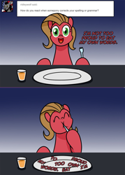 Size: 1076x1502 | Tagged: safe, artist:ladyanidraws, imported from derpibooru, oc, oc only, oc:pun, earth pony, pony, ask pun, ask, dish, earth pony oc, eating, eyes closed, looking at you, pun, solo, visual pun
