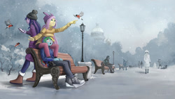 Size: 3840x2160 | Tagged: safe, artist:vyazinrei, imported from derpibooru, fluttershy, rainbow dash, twilight sparkle, bird, equestria girls, beanie, bench, blushing, boobhat, bullfinch, cathedral, cellphone, clothes, converse, hat, looking at someone, outdoors, park, phone, reaching, russia, shoes, sitting, smartphone, snow, snowfall, streetlight, tree, winter, winter outfit