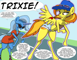 Size: 2722x2146 | Tagged: safe, artist:greeneyedmistress, imported from derpibooru, spitfire, trixie, pegasus, pony, unicorn, clothes, comic, female, glasses, magic, mare, text, transformation