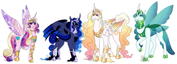 Size: 2600x950 | Tagged: safe, artist:arexstar, imported from derpibooru, princess cadance, princess celestia, princess luna, queen chrysalis, changedling, changeling, pony, alternate design, purified chrysalis, simple background, white background
