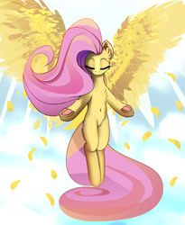 Size: 1397x1700 | Tagged: safe, artist:filly909, artist:imadeus, imported from derpibooru, fluttershy, pegasus, pony, divine, eyes closed, feather, female, flying, frog (hoof), large wings, sky, solo, spread wings, underhoof, wings