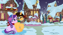 Size: 3306x1814 | Tagged: safe, artist:starlightglimmerfan1, imported from derpibooru, starlight glimmer, oc, oc:brandon, unicorn, blushing, canon x oc, christmas, christmas love, cold, cold night, female, holiday, love, male, mare, night, ponyville, shipping, snow, stallion