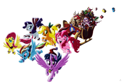 Size: 5931x3993 | Tagged: safe, alternate version, artist:mauroz, imported from derpibooru, apple bloom, applejack, fluttershy, pinkie pie, rainbow dash, rarity, scootaloo, spike, sweetie belle, twilight sparkle, alicorn, earth pony, human, pegasus, pony, unicorn, absurd file size, absurd resolution, anime, christmas, cutie mark crusaders, full moon, holiday, humanized, mane six, moon, present, self ponidox, simple background, transparent background, twilight sparkle (alicorn)