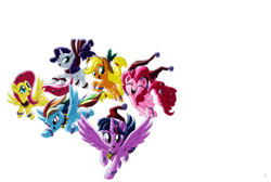 Size: 5931x3993 | Tagged: safe, alternate version, artist:mauroz, imported from derpibooru, applejack, fluttershy, pinkie pie, rainbow dash, rarity, twilight sparkle, alicorn, earth pony, pegasus, unicorn, christmas, full moon, holiday, mane six, moon, simple background, transparent background, twilight sparkle (alicorn)