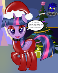 Size: 3840x4804 | Tagged: safe, artist:damlanil, imported from derpibooru, twilight sparkle, alicorn, pony, absurd resolution, bedroom eyes, bodysuit, catsuit, christmas, christmas tree, clothes, collar, comic, cutie mark accessory, cutie mark collar, dialogue, eyeshadow, female, grammar error, hat, holiday, horn, latex, latex suit, looking at you, makeup, mare, mistletoe, open mouth, open smile, png, present, raised hoof, rubber, santa hat, shiny, show accurate, smiling, smiling at you, solo, suit, sweat, symbiote, talking, talking to viewer, test tube, tree, twilight sparkle (alicorn), twilight's castle, vector, wall of tags, wings