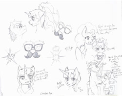 Size: 1280x1005 | Tagged: safe, artist:jolliapplegirl, imported from derpibooru, flim, pinkie pie, oc, oc:capoeira, oc:crossroads, oc:rigel latchkey, oc:sirius veil, earth pony, pony, unicorn, dialogue, groucho mask, magical lesbian spawn, male, next generation, offspring, parent:apple bloom, parent:princess celestia, parent:tender taps, parent:twilight sparkle, parents:tenderbloom, parents:twilestia, scar, stallion