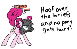 Size: 548x353 | Tagged: safe, artist:anonsocks, imported from derpibooru, pinkie pie, earth pony, pony, covered cutie mark, dialogue, empty threat, female, mare, mask, paper-thin disguise, robbery, watergun