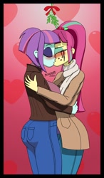 Size: 868x1486 | Tagged: safe, artist:sonork91, derpibooru exclusive, imported from derpibooru, sour sweet, sunny flare, human, equestria girls, ass, big breasts, blushing, breasts, busty sour sweet, busty sunny flare, butt, clothes, crying, eyes closed, eyeshadow, female, freckles, hug, jacket, kissing, lesbian, makeup, mistletoe, running makeup, running mascara, scarf, shipping, sourflare, sunny flank, tears of joy, thighs