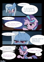 Size: 3035x4299 | Tagged: safe, artist:lexiedraw, imported from derpibooru, starlight glimmer, trixie, pony, unicorn, blushing, comic, dialogue, drunk, drunker glimmer, eyes closed, female, high res, lesbian, lidded eyes, looking down, mare, nervous, open mouth, shipping, smiling, smug, startrix