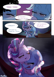 Size: 3035x4299 | Tagged: safe, artist:lexiedraw, imported from derpibooru, starlight glimmer, trixie, pony, unicorn, comic, crying, dialogue, drunk, drunker glimmer, female, grammar error, high res, hug, lesbian, mare, open mouth, shipping, speech bubble, startrix