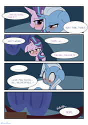 Size: 3035x4299 | Tagged: safe, artist:lexiedraw, imported from derpibooru, starlight glimmer, trixie, pony, unicorn, blushing, comic, dialogue, drunk, female, high res, lesbian, mare, shipping, startrix