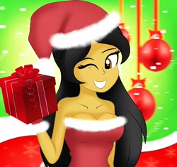 Size: 1466x1376 | Tagged: safe, artist:danielitamlp, imported from derpibooru, oc, oc only, oc:danielita, equestria girls, bare shoulders, breasts, christmas, cleavage, clothes, equestria girls-ified, female, gloves, holding, holiday, one eye closed, present, solo, strapless, wink