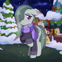 Size: 2048x2048 | Tagged: safe, artist:nathayro37, artist:ravenirik, imported from derpibooru, marble pie, earth pony, pony, blushing, breath, christmas, christmas lights, christmas tree, clothes, cute, holiday, marblebetes, scarf, snow, snowfall, solo focus, tree, visible breath