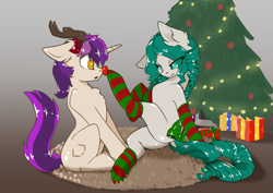 Size: 1479x1047 | Tagged: safe, artist:wbp, imported from derpibooru, oc, oc only, oc:silph, oc:sourichan, pony, boop, christmas, christmas tree, clothes, holiday, noseboop, seductive look, simple background, sitting, socks, striped socks, tree