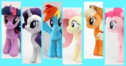 Size: 1016x533 | Tagged: safe, artist:nekokevin, imported from derpibooru, applejack, fluttershy, pinkie pie, rainbow dash, rarity, twilight sparkle, earth pony, pegasus, pony, unicorn, applejack's hat, cowboy hat, female, freckles, hat, irl, looking at you, mane six, mare, photo, plushie, side view, smiling, spread wings, unicorn twilight, wings