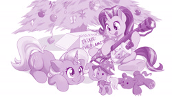 Size: 1920x1086 | Tagged: safe, artist:dstears, imported from derpibooru, starlight glimmer, trixie, pony, unicorn, christmas, christmas tree, cute, diatrixes, digital art, female, flamethrower, glimmerbetes, holiday, mare, plushie, present, self plushidox, simple background, smiling, spaceballs the tag, tree, trixie plushie, ursa plush, weapon, white background