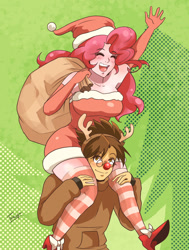 Size: 1223x1620 | Tagged: safe, artist:traupa, imported from derpibooru, pinkie pie, oc, oc:copper plume, human, animal costume, antlers, bag, breasts, busty pinkie pie, canon x oc, carrying, christmas, christmas stocking, clothes, commission, commissioner:imperfectxiii, copperpie, costume, female, freckles, glasses, gloves, hat, holiday, humanized, long gloves, male, red nose, reindeer antlers, reindeer costume, santa hat, shipping, shoes, shoulder ride, smiling, socks, straight, striped socks, striped stockings