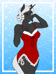 Size: 3000x3900 | Tagged: safe, artist:hasana-chan, imported from derpibooru, oc, oc only, oc:aerye, anthro, unguligrade anthro, unicorn, anthro oc, breasts, christmas, clothes, commission, digital art, eyes closed, female, gift art, hearth's warming eve, holiday, horn, mare, solo, unicorn oc