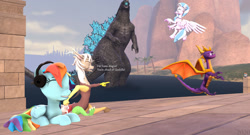 Size: 1280x692 | Tagged: safe, artist:hatsampixie2, imported from derpibooru, discord, rainbow dash, silverstream, 3d, crossover, dexter, dexter's laboratory, eris, gmod, godzilla, godzilla (monsterverse), godzilla (series), headphones, monsterverse, rule 63, spyro the dragon, spyro the dragon (series), wat