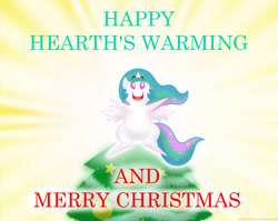 Size: 1113x887 | Tagged: safe, artist:banebuster, imported from derpibooru, princess celestia, alicorn, pony, series:tiny tia, catasterism, chibi, christmas, christmas tree, cute, cutelestia, holiday, light, open mouth, pointy ponies, shiny, smiling, tree