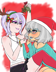 Size: 3600x4600 | Tagged: safe, artist:chango-tan, imported from derpibooru, diamond tiara, silver spoon, human, alternate hairstyle, antlers, blushing, christmas, clothes, female, glasses, hat, holiday, humanized, lesbian, lipstick, makeup, mistletoe, older, older diamond tiara, older silver spoon, reindeer antlers, santa hat, shipping, short hair, silvertiara, socks, thigh highs
