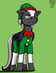 Size: 900x1165 | Tagged: safe, artist:warskunk, imported from derpibooru, oc, oc only, oc:warskunk, bat pony, pony, bat pony oc, bat wings, christmas outfit, clothes, fangs, floppy ears, folded wings, green background, hat, male, simple background, solo, stallion, wings