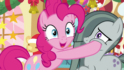 Size: 1920x1080 | Tagged: safe, imported from derpibooru, screencap, marble pie, pinkie pie, earth pony, pony, best gift ever, cheek squish, duo, female, mare, nose wrinkle, open mouth, open smile, siblings, smiling, squishy cheeks