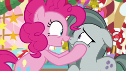 Size: 1920x1080 | Tagged: safe, imported from derpibooru, screencap, marble pie, pinkie pie, earth pony, pony, best gift ever, boop, cheek squish, duo, female, mare, nose wrinkle, noseboop, open mouth, open smile, scrunchy face, siblings, smiling, squishy cheeks