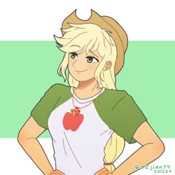 Size: 1200x1200 | Tagged: safe, artist:lzjian79, imported from derpibooru, applejack, equestria girls, equestria girls series, bust, cowboy hat, female, geode of super strength, hand on hip, hat, magical geodes, solo