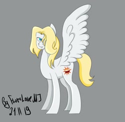 Size: 1394x1358 | Tagged: safe, artist:flame_heart_98, imported from derpibooru, pegasus, pony, gray background, hair over one eye, ponified, signature, simple background, solo, wings