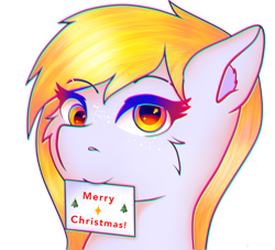 Size: 1280x1160 | Tagged: safe, artist:legionsunite, imported from derpibooru, derpy hooves, pegasus, pony, bust, card, cheek fluff, christmas, chromatic aberration, cute, ear fluff, female, freckles, holiday, mare, merry christmas, simple background, transparent background