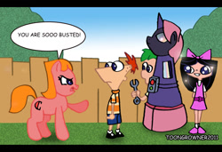 Size: 900x614 | Tagged: safe, artist:toongrowner, imported from derpibooru, earth pony, human, pony, candace flynn, crossover, female, ferb fletcher, human to pony, implied transformation, isabella garcia shapiro, machine, male, phineas and ferb, phineas flynn, ponified, teenager