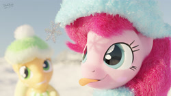 Size: 3840x2160 | Tagged: safe, artist:dashyoshi, imported from derpibooru, applejack, pinkie pie, earth pony, pony, 3d, blender, blender cycles, christmas, clothes, holiday, mountain, scarf, snow, snowflake, solo, tongue out, winter outfit