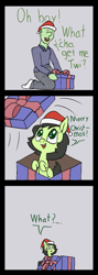 Size: 491x1383 | Tagged: safe, artist:happy harvey, imported from derpibooru, oc, oc:anon, oc:filly anon, earth pony, human, pony, adult, bow, christmas, clothes, colored pupils, confused, drawn on phone, female, filly, gray background, hat, holiday, implied twilight sparkle, looking up, male, offscreen character, pajamas, phone drawing, present, ribbon, santa hat, simple background, socks, transformation, transgender transformation