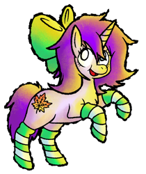 Size: 1955x2328 | Tagged: safe, artist:clarissa arts, imported from derpibooru, oc, oc only, oc:mable syrup, pony, unicorn, blind, bow, clothes, cutie mark, leaf, purple hair, simple background, socks, solo, striped socks, stylized, transparent background, yoshi's island