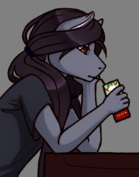 Size: 320x409 | Tagged: safe, artist:imreer, imported from derpibooru, oc, oc only, anthro, earth pony, bust, clothes, drinking, earth pony oc, female, gray background, simple background, solo